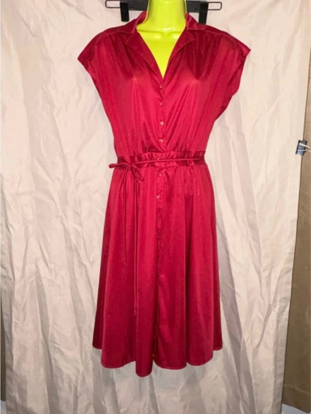 Button-Front Red Midi Dress with Self Tie Waist